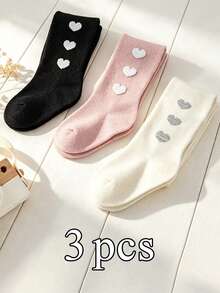 3 Pairs Kids Heart Print Tights, Breathable Solid Color 2-3Y Girls Daily Dress Matching Tights - Multicolor - View 11