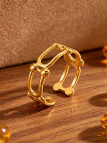 Minimalist European & American Vintage Style Luxury Double-Layer Chain Open Gold Ring, Exquisite Hollow Pig Nose Design, Adjustable Size, Suitable For Daily Wear And Layering, Niche High-End Women's Jewelry, Versatile For Commuting And Travel, Perfect For Personal Use Or Gifting - U-shaped Ring - View 1
