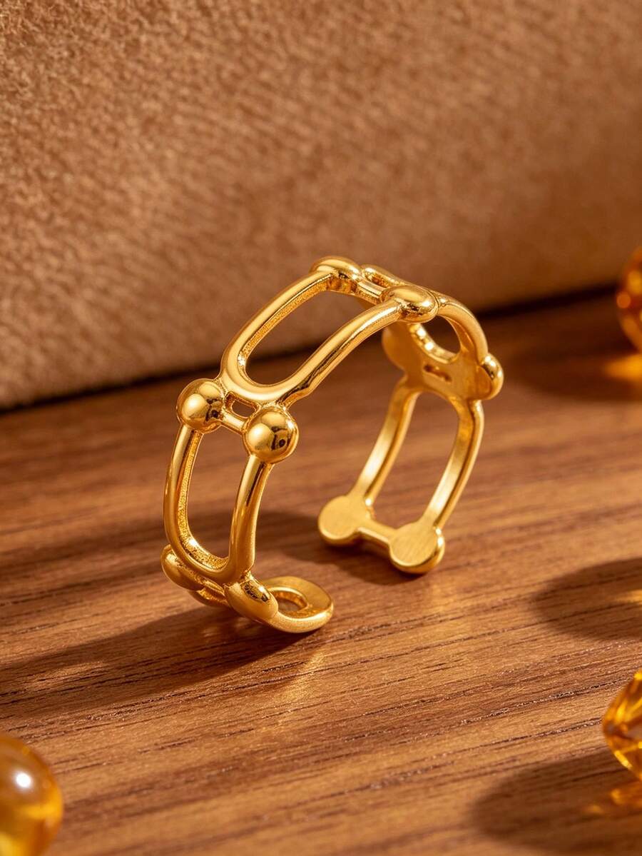 Minimalist European & American Vintage Style Luxury Double-Layer Chain Open Gold Ring, Exquisite Hollow Pig Nose Design, Adjustable Size, Suitable For Daily Wear And Layering, Niche High-End Women's Jewelry, Versatile For Commuting And Travel, Perfect For Personal Use Or Gifting - U-shaped Ring - View 1