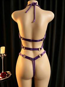 2026 New Hollow Out Sheer Halter Neck Teddy Jumpsuit, Adjustable Drawstring Shoulder Straps, Open Crotch Sexy Strappy Lingerie Panty - Multicolor - View 5