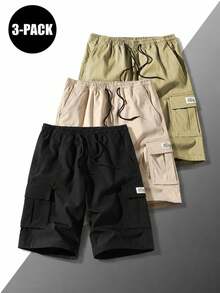 3件組男士工裝短褲，黑色短褲、卡其色短褲、綠色短褲，寬鬆長版短褲，彈性抽繩腰頭，街頭風運動夏季款 - 彩色 - 查看 2
