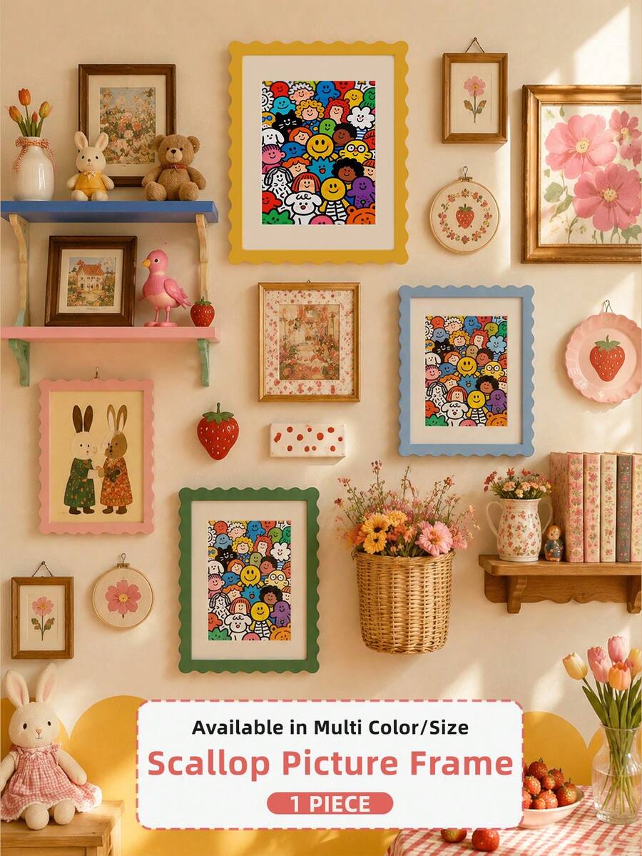 1pc Scallop Picture Frame Available In Multi Color/Size With White Mat, Wave Edge Photo Frame For Children's Gift, 11x14/8x10/6x8/5x7/4x6 Inch, Blue/Red/Yellow/Green/Black/White - Scalloped Picture Frame - View 1