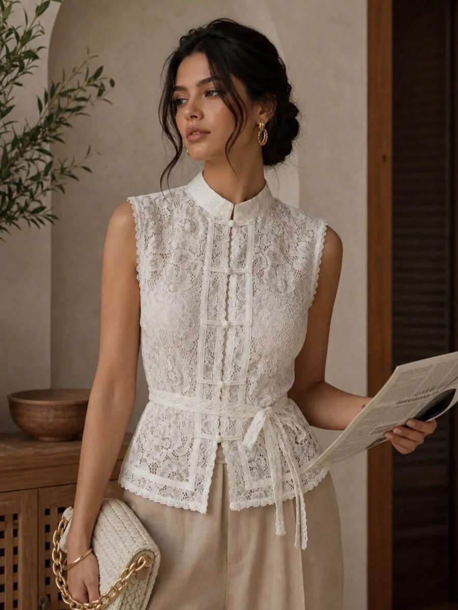 Women's Autumn French Elegant Lace Crochet Stand Collar Slim Fit White Blouse, Design-Driven Fashion Elegant Commuter Top Shirt, Lady Style, Slim Cut, Puff Sleeve Design, Full Lace Hollow Out Frog Button French Gentle Style, Elegant Base Layer, Quiet Luxury & Old Money Aesthetic & British Style - White - View 1
