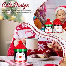 2pcs Christmas Storage Jars, Metal Decorated Penguin & Snowman Cute Red Top Fluffy Lid, Gift Storage Box - Multicolor - View 3