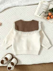 WUHUANG YIYI 2pcs Girls Cute Rabbit Bow Handmade Decor Peter Pan Collar Lace Trim Long Sleeve Knit Cardigan And Solid Color Pleated Hem Skirt Set, Loose Fit Versatile Preppy Style For Autumn/Winter - Coffee Brown - View 7