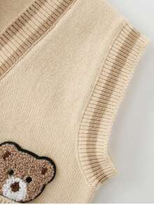Boys Cute Bear Embroidered Knitted Vest, Versatile V-Neck Button Sweater Vest - Khaki - View 7