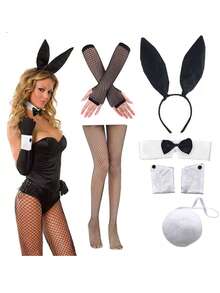 6pcs D EXCEED Women's Halloween Rabbit Costume Set, Includes Rabbit Ear Headband, Bowknot, Fishnet Gloves, Rabbit Tail, Fishnet Stockings, Party Dance Cosplay Outfit - Multicolor - View 2