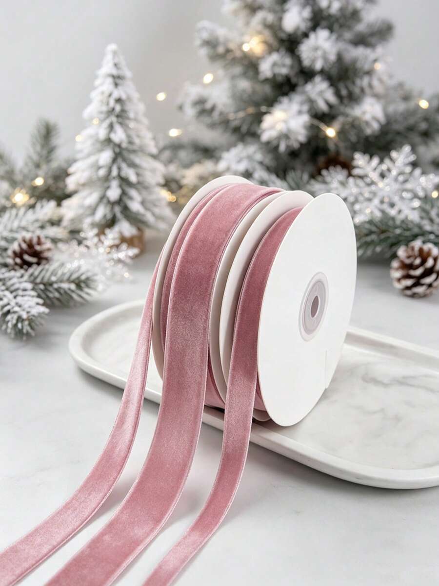 Flocked Ribbon Christmas Ribbon For Gift Box Packaging, Christmas Tree Decoration, Christmas Window Display Decoration, Flocked Satin Ribbon Bow 3/4 Inch X 10 Yards (Multiple Sizes Available) With Paper Spool For Easy Storage - Lotus Root Pink Size 10 - View 1