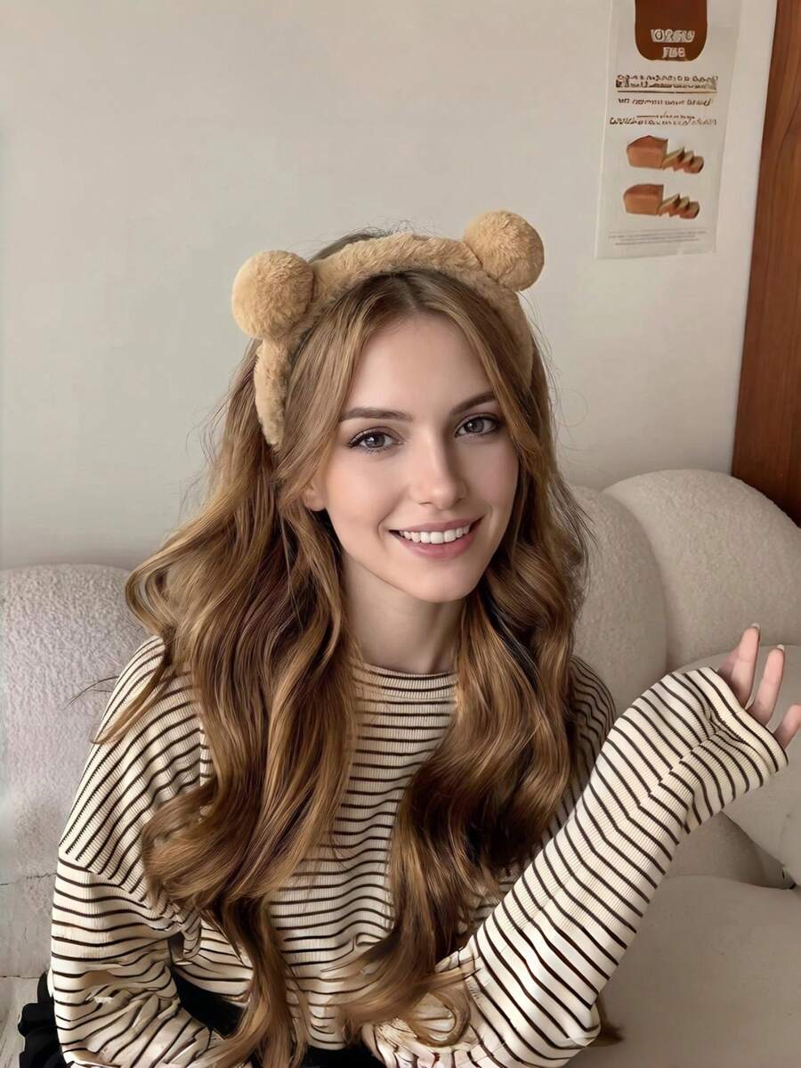 1pc Plush Bear Ear Headband, Autumn/Winter Fashion Hair Accessory, Simple Versatile Daily Commute Headband For Face Washing, Masking, Makeup, Hair Styling, High Crown, Face-Slimming Hair Clip - Multicolor - View 1