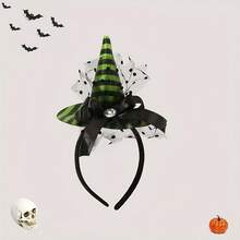 1pc Halloween Theme Black Polka Dot Mesh Striped Ribbon Bow, With Diamond-Tipped Witch Hat Headband, Suitable For Party Celebration And Costume Performance - Witch Hat Styles - View 5