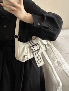 Fashionable High-End Buckle Strap Solid Color Baguette Bag, Y2K Hot Girl Motorcycle Shoulder Bag, Suitable For Daily Street Style, Socializing, Parties, Gifts - White - View 4