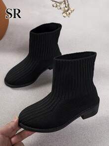 1 Pair Fashion Ribbed Knit Girls Slip-On Ankle Boots, Minimalist Solid Color Ankle Boots, Suitable For Weekend Shopping And Daily Wear - Black - View 5