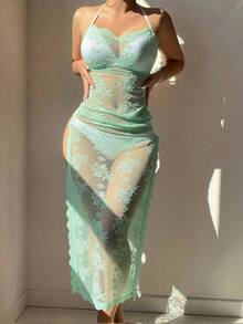 Women's Lace Double Slit Hem Sexy Halter Neck Lingerie Dress - Mint Green - View 4
