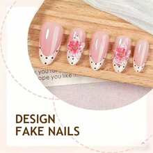 24pcs Long Almond Shape Press-On Nails, 3D Gel Flower And Polka Dot Pattern, Decorated With Small Steel Beads, Acrylic Artificial Nails - Multicolor - View 4