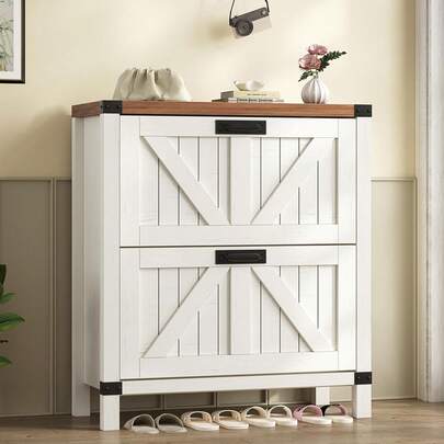 Gabinete de almacenamiento de zapatos con 2 cajones abatibles, estante de zapatos estrecho y oculto con estantes ajustables, unidad organizadora de entrada para pasillo y vestíbulo, marrón y blanco