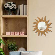 1Pc Sun Shape Wooden Frame Acrylic Mirror Wall Sticker, Boho Decorative Mirror Wall Decal For Living Room Bedroom Bathroom Home Wall Art Decor - Brown - View 4
