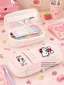 SANRIO Cute Hello Kitty Print Large Capacity Pencil Case, Multi-Function Pencil Box, Cosmetic Storage Travel Bag, Aesthetic Campus Stationery Organizer - Multicolor - View 9