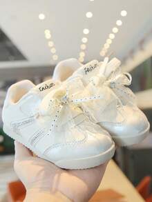 Girls' Lace Rhinestone Bow White Sneakers, 2026 New Soft Sole Hook & Loop Princess Style Casual Training Board Shoes - Beige - View 6