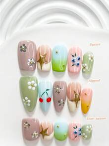 10片裝韓系清新手工穿戴甲 Polygel 凝膠美甲套組，櫻桃、海星、藍莓圖案，藍綠色系活力風，含美甲工具，3種尺寸可選，方型、短方型、杏仁型，適合派對、舞蹈、日常配戴 - 彩色 - 查看 1