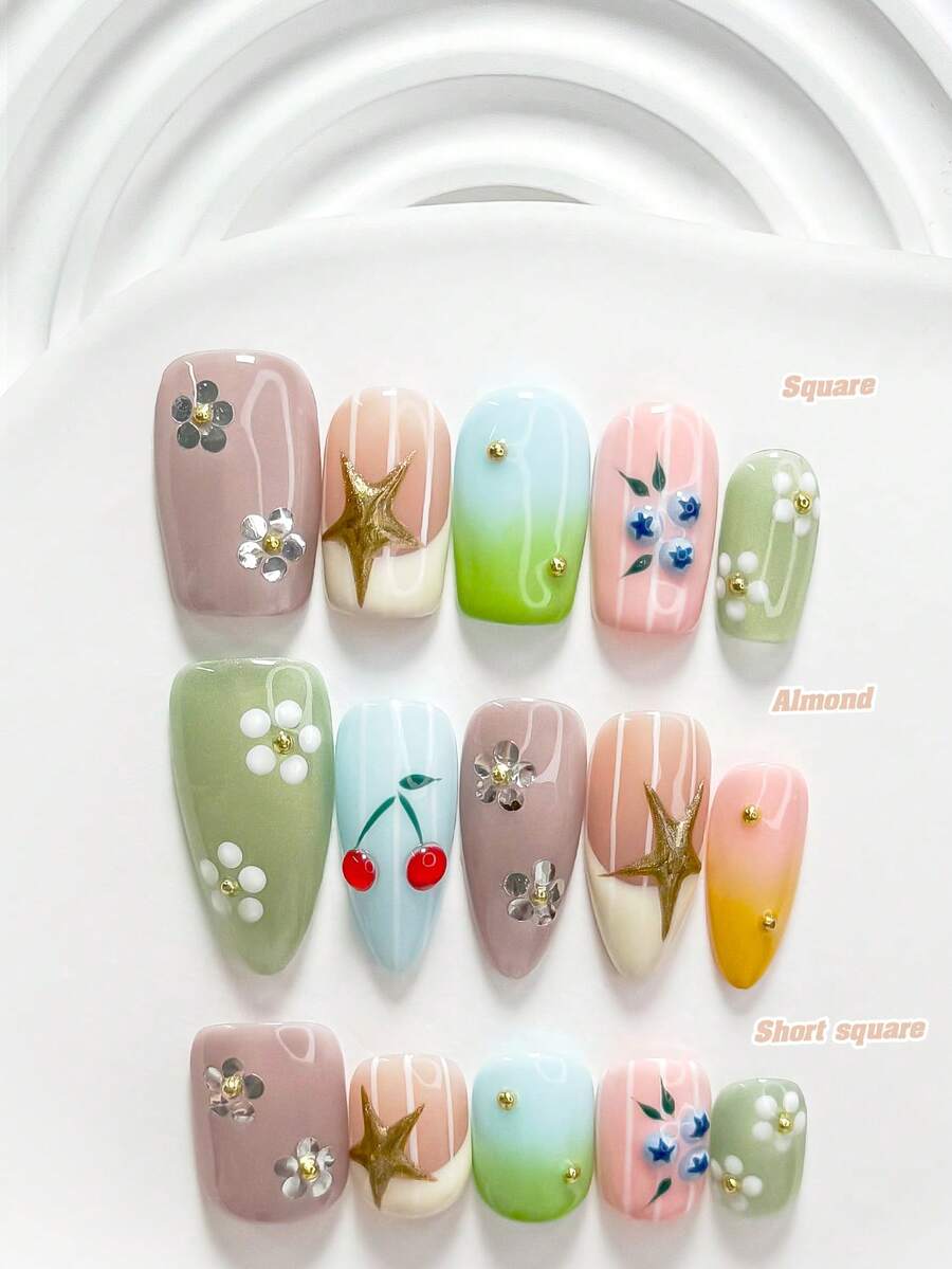 10片裝韓系清新手工穿戴甲 Polygel 凝膠美甲套組,櫻桃、海星、藍莓圖案,藍綠色系活力風,含美甲工具,3種尺寸可選,方型、短方型、杏仁型,適合派對、舞蹈、日常配戴 - 彩色 - 查看 1