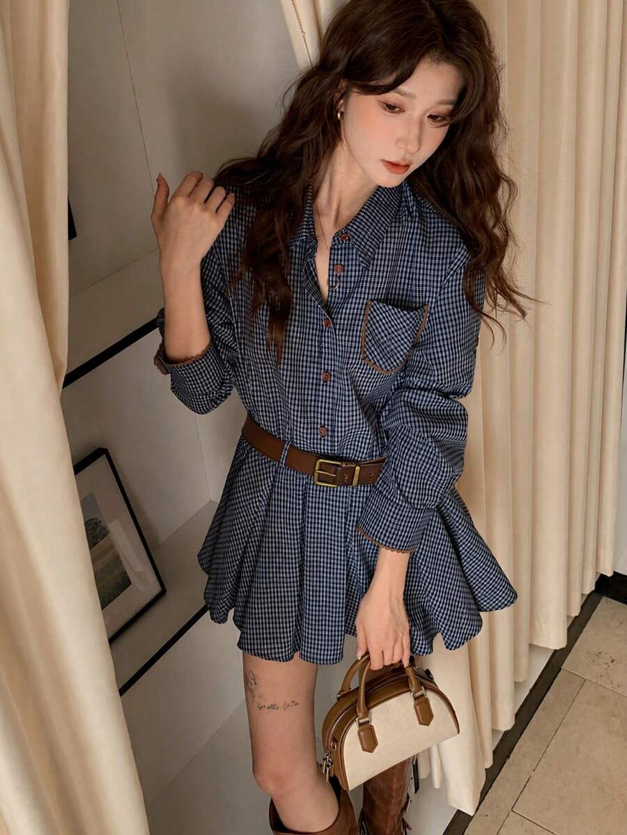 [Y6Y]女款復古格紋襯衫洋裝附腰帶，休閒度假設計，小眾顯瘦收腰，長袖百褶裙，秋季優雅 - 藍色 - 查看 1