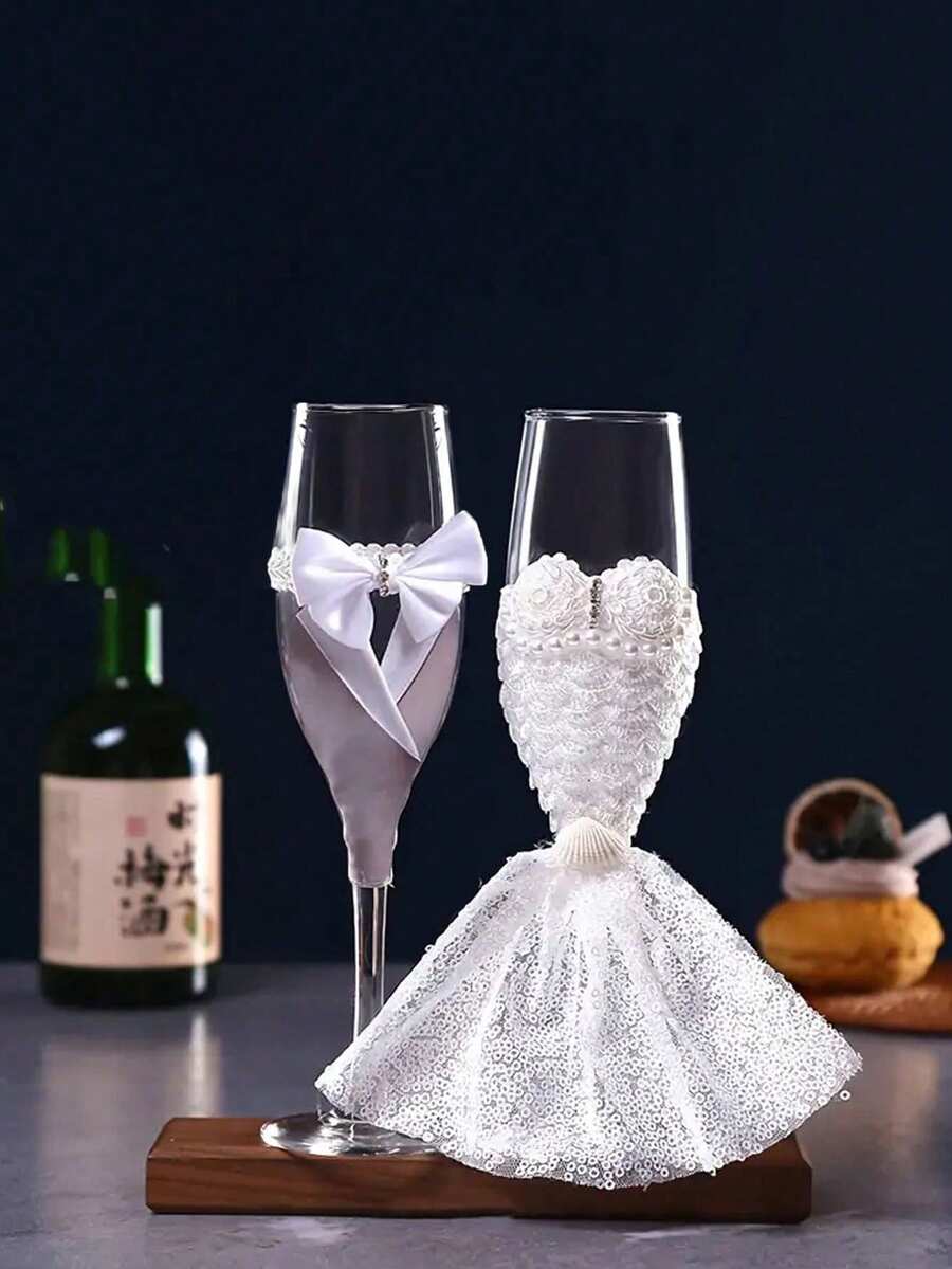 2 件婚礼高脚酒杯套装，灰色燕尾服蚀刻浪漫情侣婚礼敬酒杯，婚礼订婚香槟爱好者玻璃器皿，新郎和新娘敬酒杯 - 彩色 - 查看 1