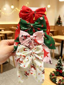4pcs Kids Christmas Printed Ribbon Bow Hair Clips, Alligator Hair Clips With Snowflake, Christmas Tree, Santa Claus Designs, Festive Color Palette, Suitable For Girls' Christmas Party And Holiday Outings, Secure Grip, Anti-Slip, Half-Up Hair And Flyaway Hair Top Clips - Multicolor - View 12