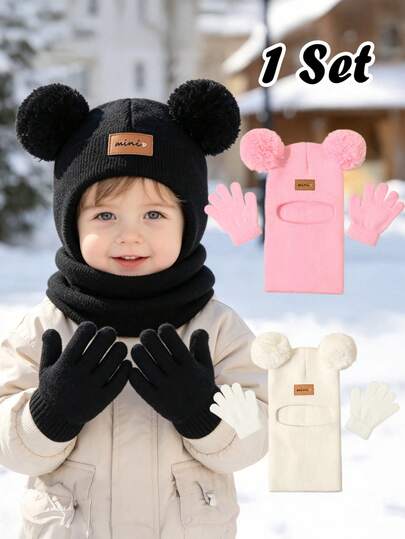1 Set Toddler Double Ball Decor Knitted Hat + Gloves, Baby Boys & Girls Winter Warm Knitted Hat, Children's Knitted Warm Headwear