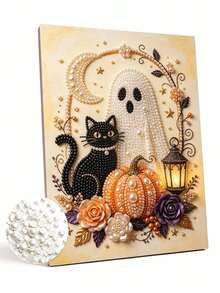 1pc/3pcs Pearl Painting Set Halloween Ghost Round Half Pearl Rhinestone Art Craft For Adults Home Wall Decoration Surprise Holiday Gift, Unframed - No Frame - View 11