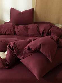 Blue And White Color Block Washed Polyester Skin-Friendly Duvet Cover 3 Pieces Set - Burgundy - View 5