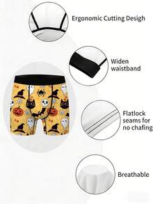 1pc Men's Halloween Style Boxer Briefs, Cartoon Pattern Ghost, Pumpkin, Black Cat, Bat, Spider, Witch Hat Elements All-Over Print, Soft Elastic Fabric, Suitable For Close-Fitting Wear. Holiday Themed Gift Underwear - Orange - View 6