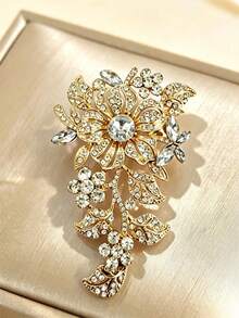 1pc Rhinestone Flower Brooch, Fashion Exaggerated Luxury Crystal Brooch Pin Accessory For Women - Gold - View 3