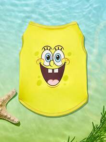 SpongeBob SquarePants | PETSIN 1件可爱浓眉、大白眼、印花牙齿宠物背心，柔软透气，亲肤，黄色猫狗宠物服装 - 黃色 - 查看 3