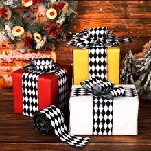 2 Rolls Black & White Argyle Pattern Ribbon, 2.5inch/6.3cm Wide Wired Edge Ribbon, 6m Total Length, Classic Checkerboard Style, Suitable For Christmas Gift Wrapping, Halloween Decoration, DIY Bow Making, Wedding Floral Arrangement And DIY Crafts - Diamond Pattern - View 3