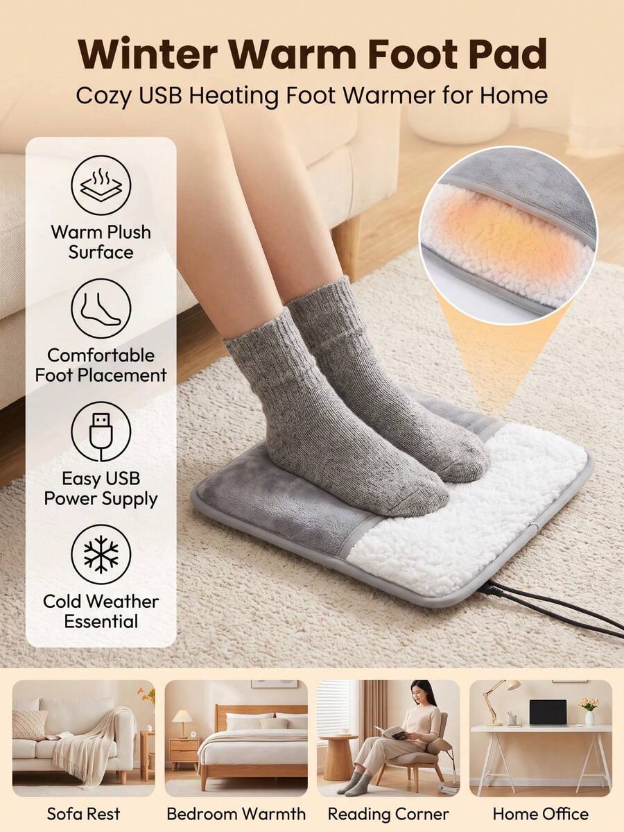 Antosun 1Pc 2 In 1 Zipper USB Foot Warmer With Skin Friendly Velvet Plush Lining Constant Temperature Heating Pad, Foldable Washable Enclosed Foot Heating Cushion For Bedroom Sofa Bed Winter Household Warm Supplies - A - View 1