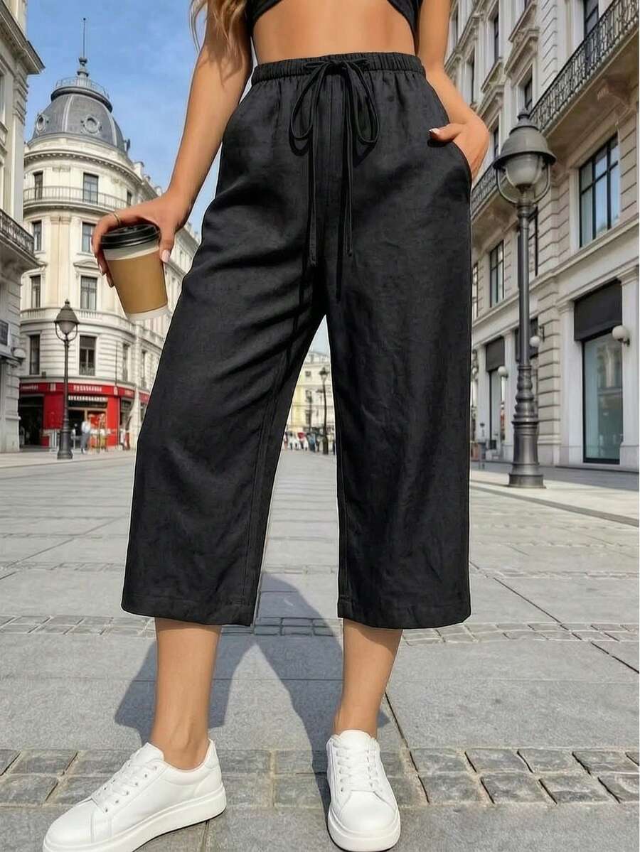 Women's 7/8 Length Wide Leg Pants, Summer New Elastic Waist Drawstring Lightweight Breathable, Slouchy, Loose Casual Pants, Suitable For Daily Wear - Black - View 1