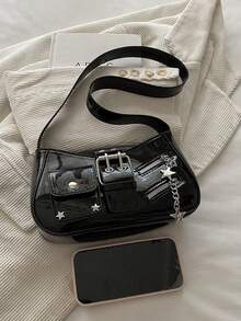 1pc Black Solid Color PU Baguette Shoulder Bag For Women - Black - View 4
