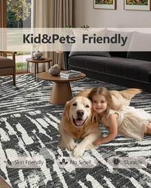 Latte&Fog Alfombras de 153 x 215 cm para Sala de Estar y Dormitorio,Moderna Abstracta Lavable, de Pelo bajo Antideslizante Estilo Boho para Sala de Estar, Oficina, Dormitorio(Negro 5x7ft) - Gris Oscuro - Ver 6