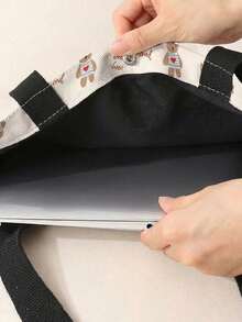 1pc Cartoon Bear & Cherry Print Canvas Tote Bag, Snap Button Large Capacity Shoulder Handbag, Casual Shopping Commuting School Daily Carry Bag - White - View 4