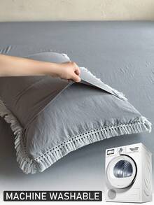 1pc Dark Gray Tufted Tassel Pillowcase, Vintage Distressed Country Style Decorative Throw Pillow Cover, All-Season Home Decor Long Pillowcase, Machine Washable, No Filling - Dark Grey - View 7