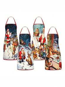 4Pcs Funny Santa Reindeer Scene Print Christmas Kitchen Baking Aprons SetHumorous Christmas Apron Set Of 4, Santa & Reindeer Daily Life Pattern Kitchen Aprons, Festive Holiday Cooking Baking Wear For Christmas Party Decorations Novelty Gift - Multicolor - View 1