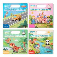 Kids 2-In-1 Mosaic Sticker Coloring Craft Set, Animal Transportation Dinosaur Princess Theme Painting Stickers, Cartoon Sticker Painting Double-Sided Art Set Toy Gift - Multicolor - View 2