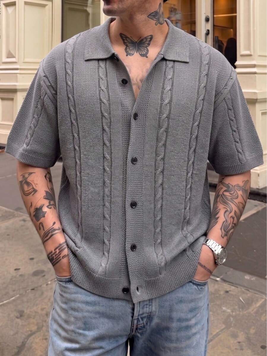 Men's Unisex POLO Collar Knit Cardigan, Casual Vacation Business Commute Ribbed Cable Solid Color Minimalist Short Sleeve Knit Top, POLO Collar Button-Up Knit Cardigan - Grey - View 1