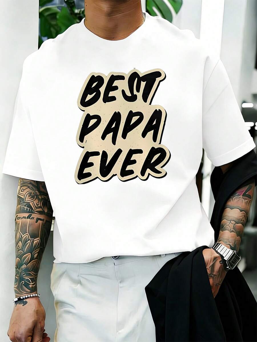 T-Shirt For Men "Best Papa Ever" Autunno, Girocollo, Vestibilità Ampia, Casual, Comoda, Stampa Grafica Unica - White - View 1