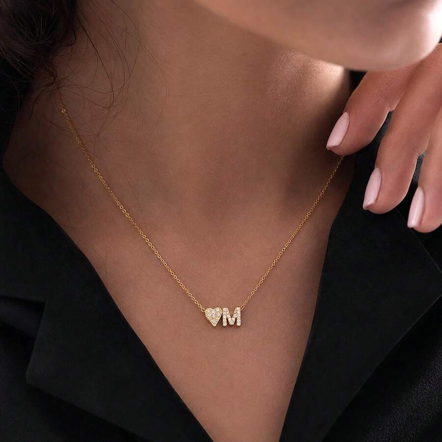 1件經典字母心形金色不鏽鋼鏈條項鍊,女款 - 金黃色 - 查看 1