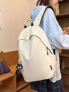 Dedoo 純色帆布拉鍊大容量多口袋輕量學生後背包，適合開學季旅行，適用於學生與青少年 - 白色 - 查看 7