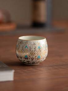 1pc/2pcs Middle Eastern Vintage Gilded Peacock Feather Ceramic Tea Cup, Luxury Palace Style Ru Yao Tea Cup, Home Guest Coffee Cup, Especially Suitable For Middle Eastern Strong Tea, Arabic Coffee - Multicolor - View 8