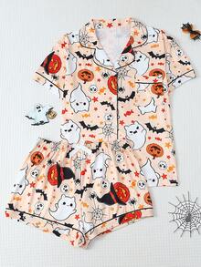 2pcs Halloween Ghost Bat Pumpkin Pattern Short Sleeve Collared Top And Bow Shorts Women's Pajama Set - Apricot - View 1