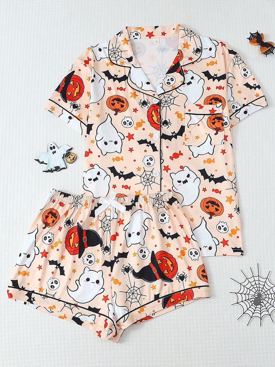 2pcs Halloween Ghost Bat Pumpkin Pattern Short Sleeve Collared Top And Bow Shorts Women's Pajama Set - Apricot - View 1