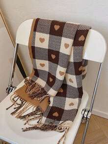 1pc Women's Double-Sided Color Block Heart Plaid Tassel Faux Cashmere Scarf, Minimalist Cute, Suitable For Autumn/Winter, Multi-Purpose, Warm Shawl Scarf, Dual-Use, Suitable For Daily Wear, Holiday Gift - Brown - View 12